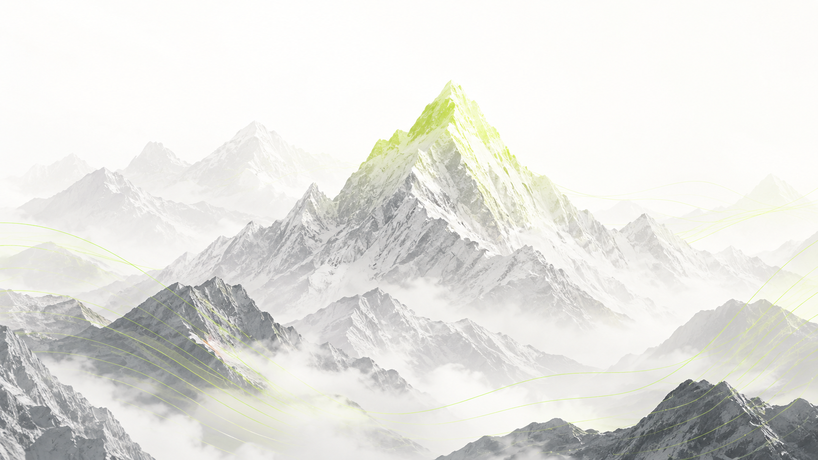 A misty mountain range with the summit lit in the brand's signature green, the peak every startup climbs toward