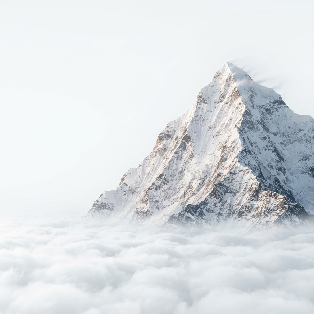 A towering snow-capped mountain peak rising above a sea of clouds