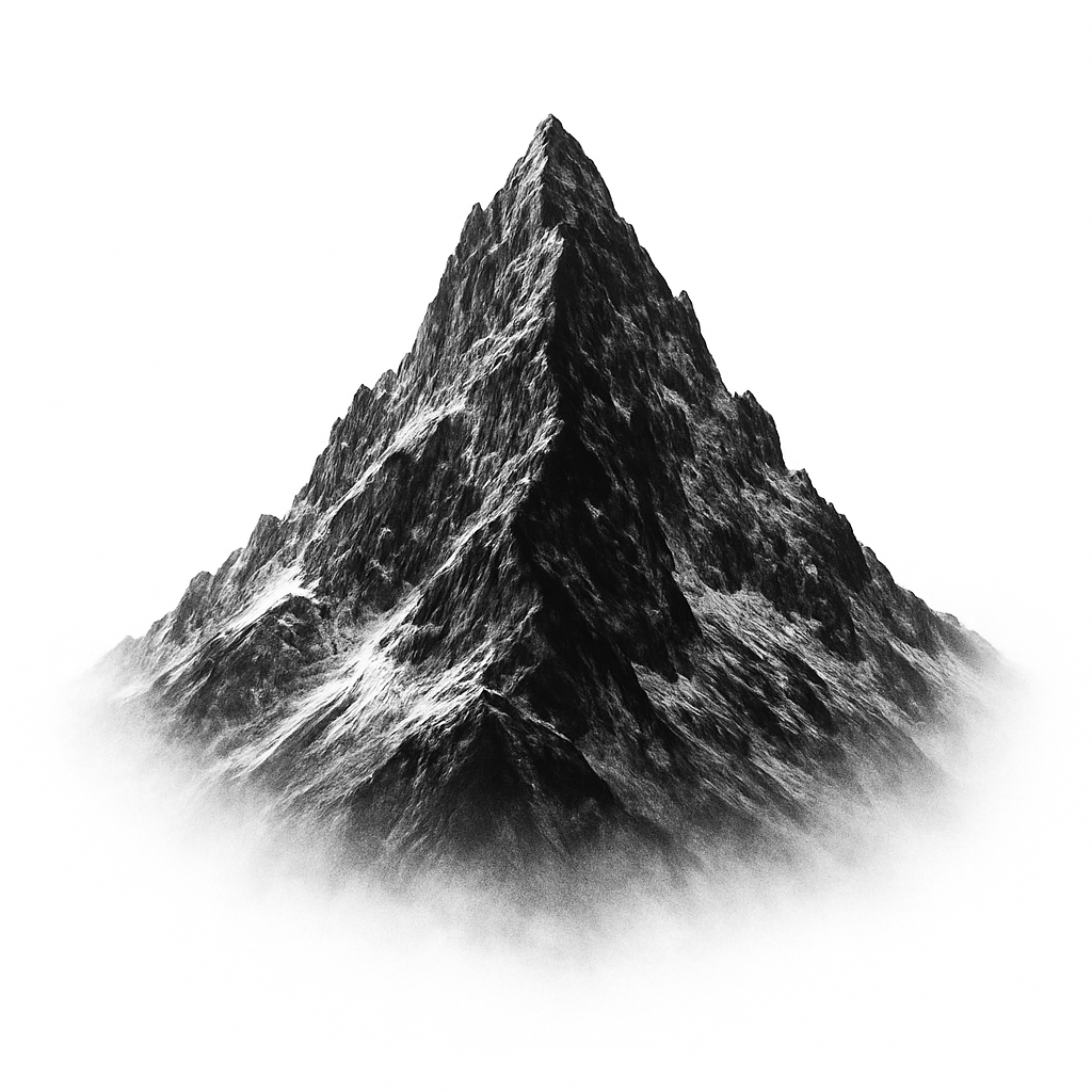 A towering monochrome mountain peak representing the startup journey